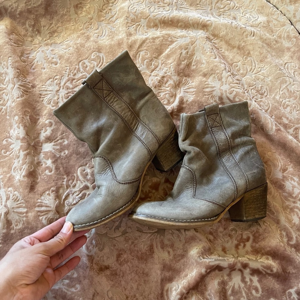 Sundance Leather Ankle Boots Women's Taupe Stacked Western boho Size 37